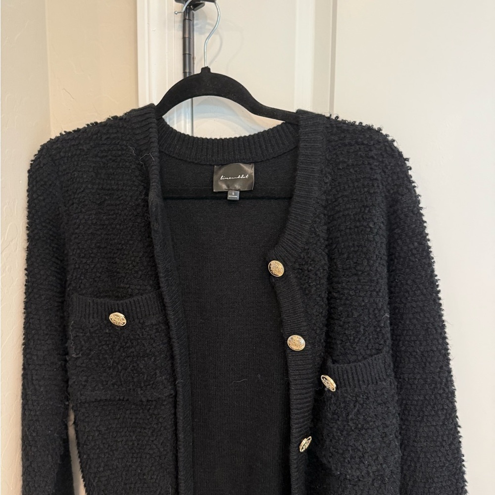 Line & Dot Black Textured Cardigan with Gold Buttons